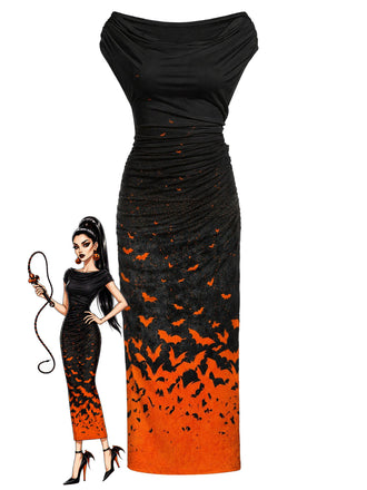 [Prevendita] Abito Aderente Nero Anni '60 Orange Pipistrello Stampa Gradient