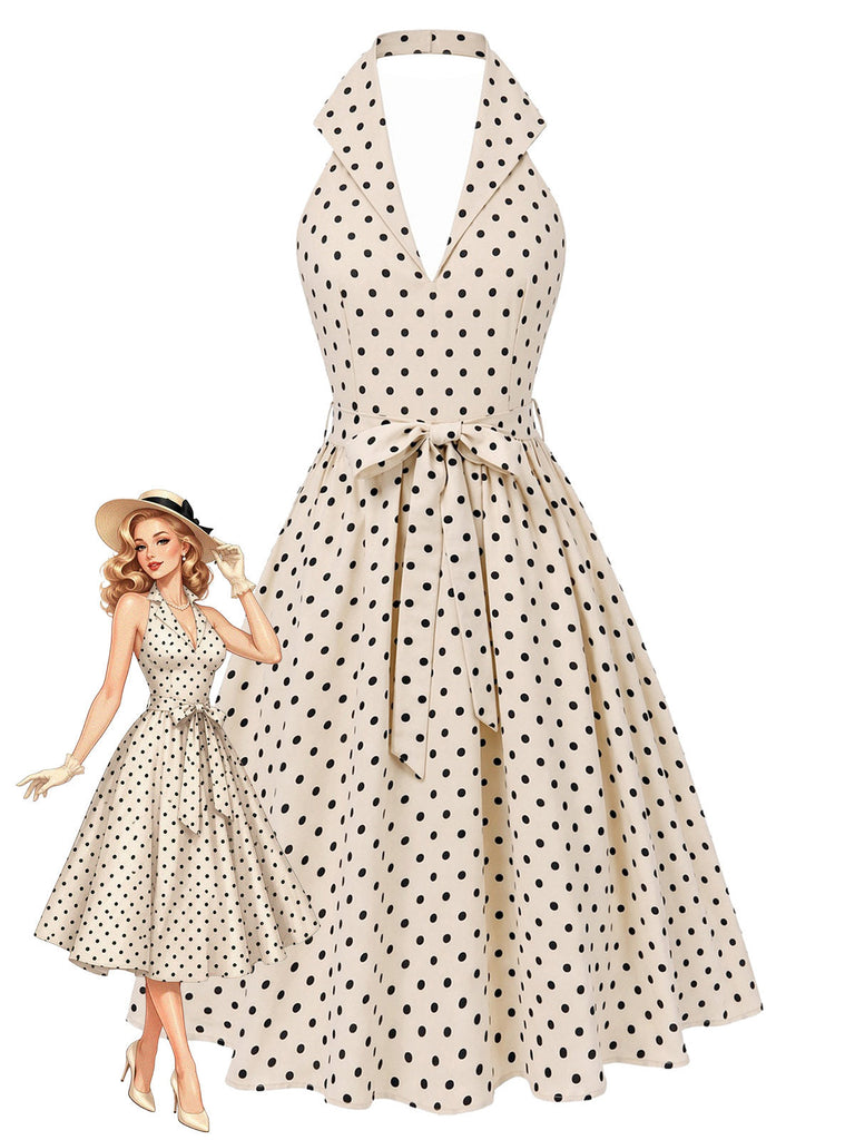 [Prevendita] Abito a Ruota Colore Crema Anni '50 a Pois con Scollo all'Americana Schiena Scoperta con Cintura