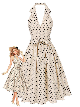 [Prevendita] Abito a Ruota Colore Crema Anni '50 a Pois con Scollo all'Americana Schiena Scoperta con Cintura