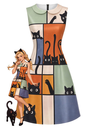[Prevendita] Abito Multicolore Anni '60 Abstract Art Cat Print Colletto Peter Pan Linea A