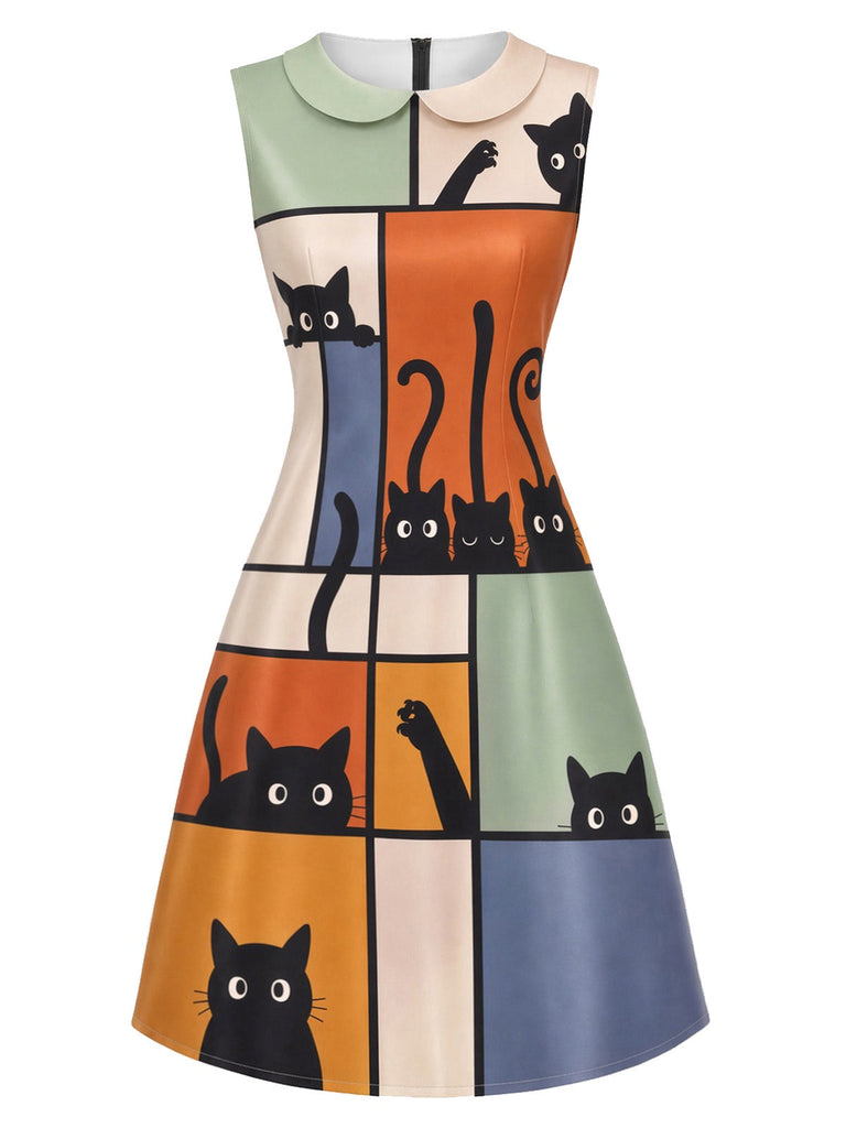 [Prevendita] Abito Multicolore Anni '60 Abstract Art Cat Print Colletto Peter Pan Linea A 2