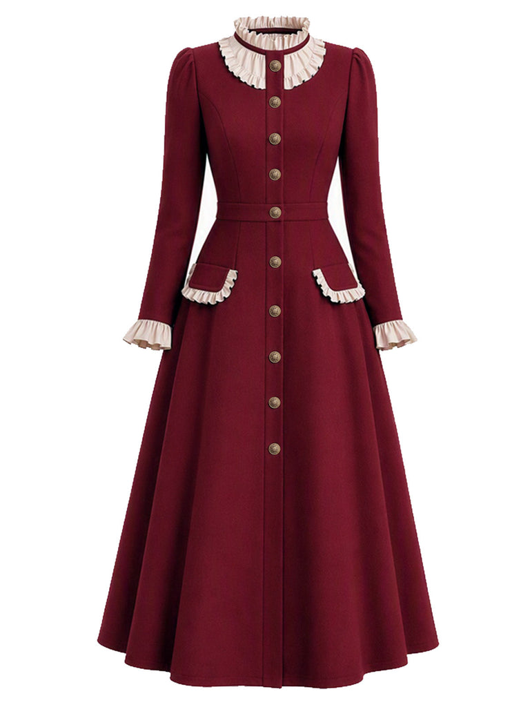 [Prevendita] Abito Cappotto Borgogna Anni '50 con Colletto Volant e Bottoni 2
