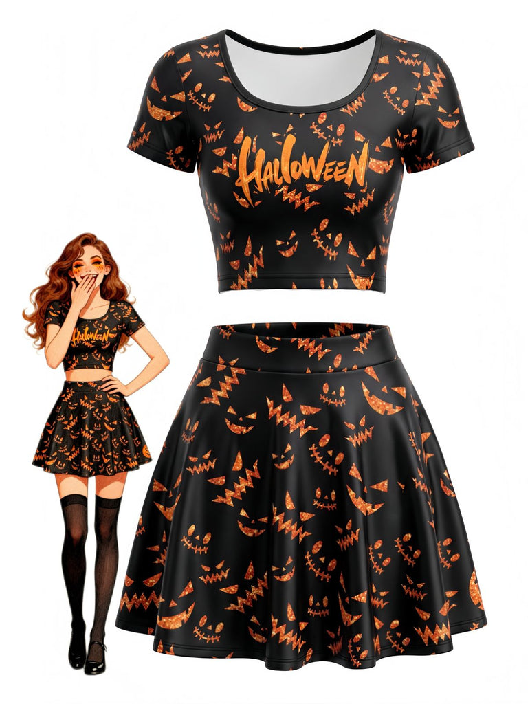 2PCS Set Top Corto e Gonna Arancione Anni '60 di Halloween con Stampa Zucca