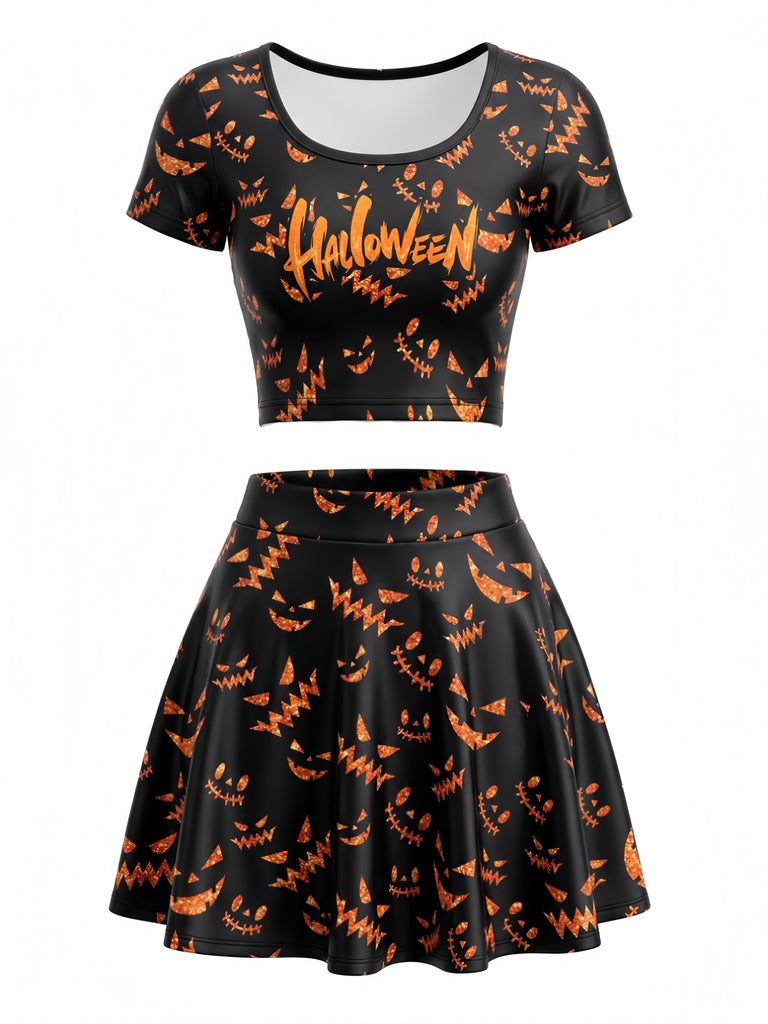 2PCS Set Top Corto e Gonna Arancione Anni '60 di Halloween con Stampa Zucca 2