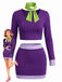 2PCS Completo Costume Viola Anni '60 a Blocchi di Colore con Fiocco al Collo