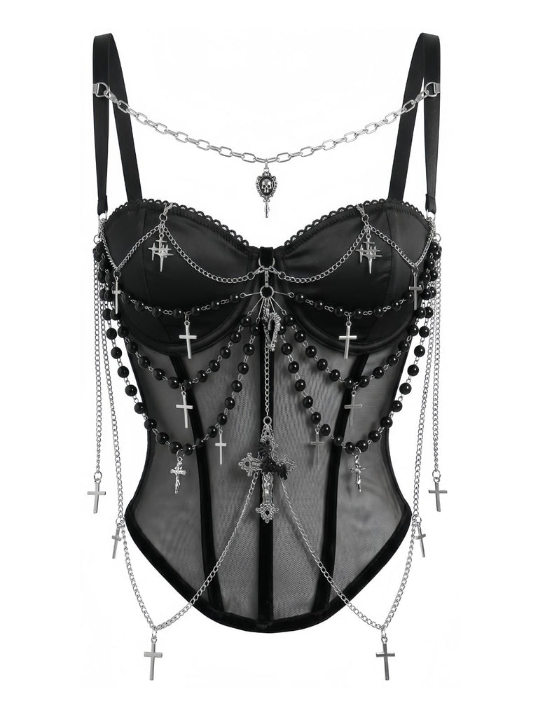 Top Nero Anni '80 Gotico Catene a Croce con Perline Corsetto
