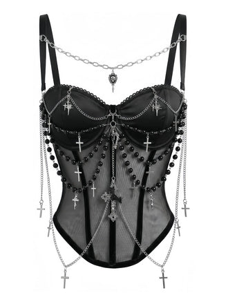Top Nero Anni '80 Gotico Catene a Croce con Perline Corsetto