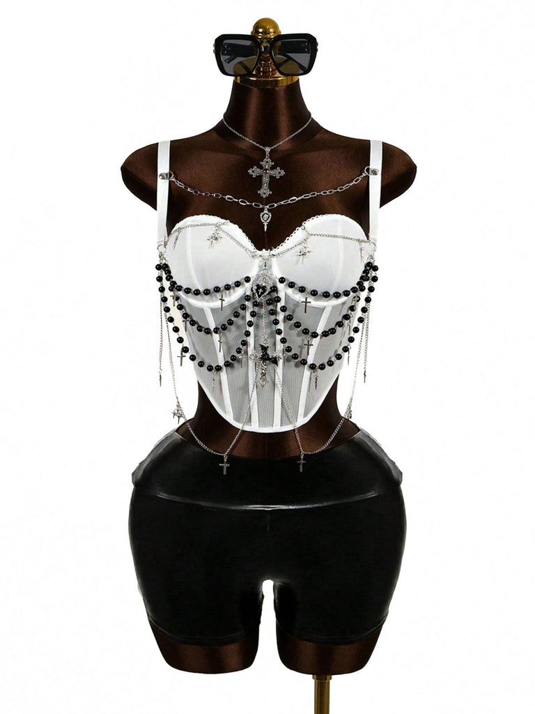 Top Nero Anni '80 Gotico Catene a Croce con Perline Corsetto 3