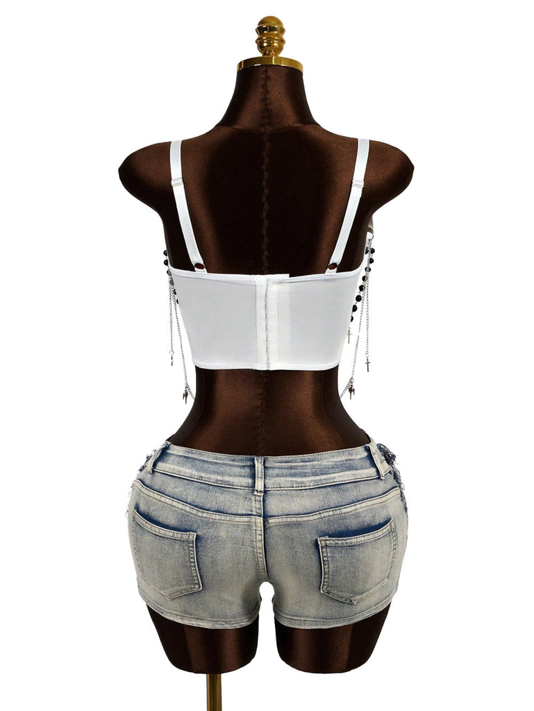 Top Nero Anni '80 Gotico Catene a Croce con Perline Corsetto 4