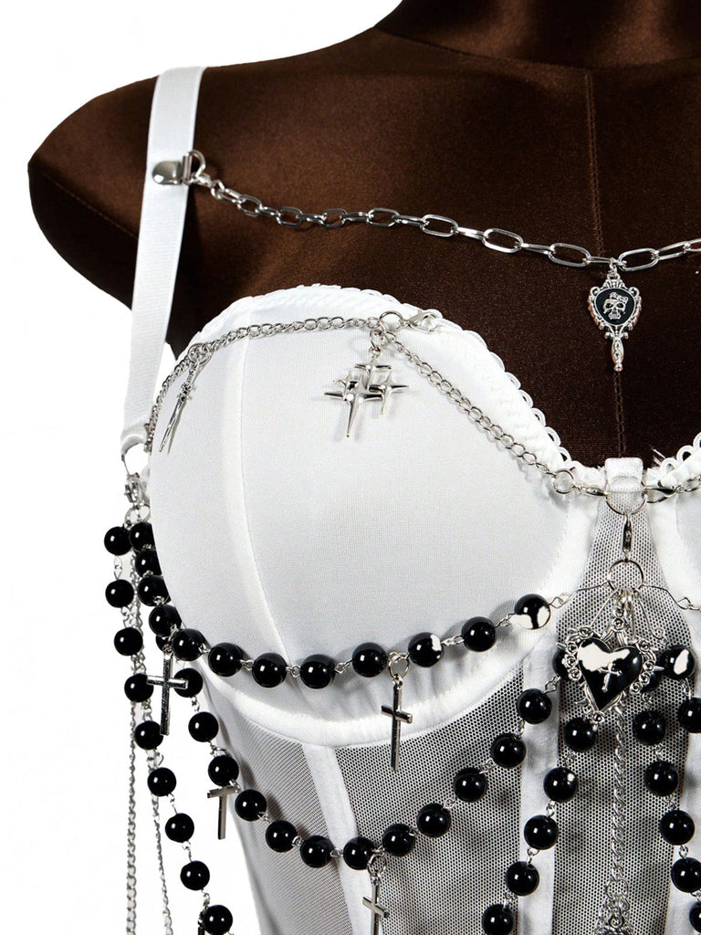 Top Nero Anni '80 Gotico Catene a Croce con Perline Corsetto 5