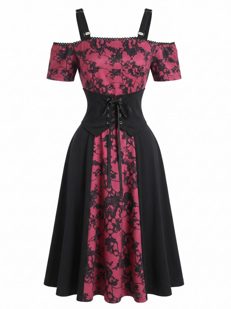 Abito Rosa Violaceo Anni '50 Gotico di Halloween Floreale con Corsetto