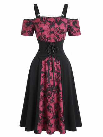Abito Rosa Violaceo Anni '50 Gotico di Halloween Floreale con Corsetto