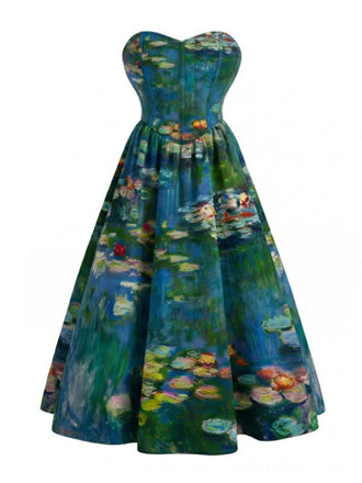 [Prevendita] [Taglia Forti] Abito Blu Anni '50 con Ninfee Scollo a Cuore e Senza Spalline