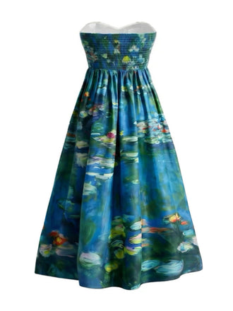 [Prevendita] [Taglia Forti] Abito Blu Anni '50 con Ninfee Scollo a Cuore e Senza Spalline 2