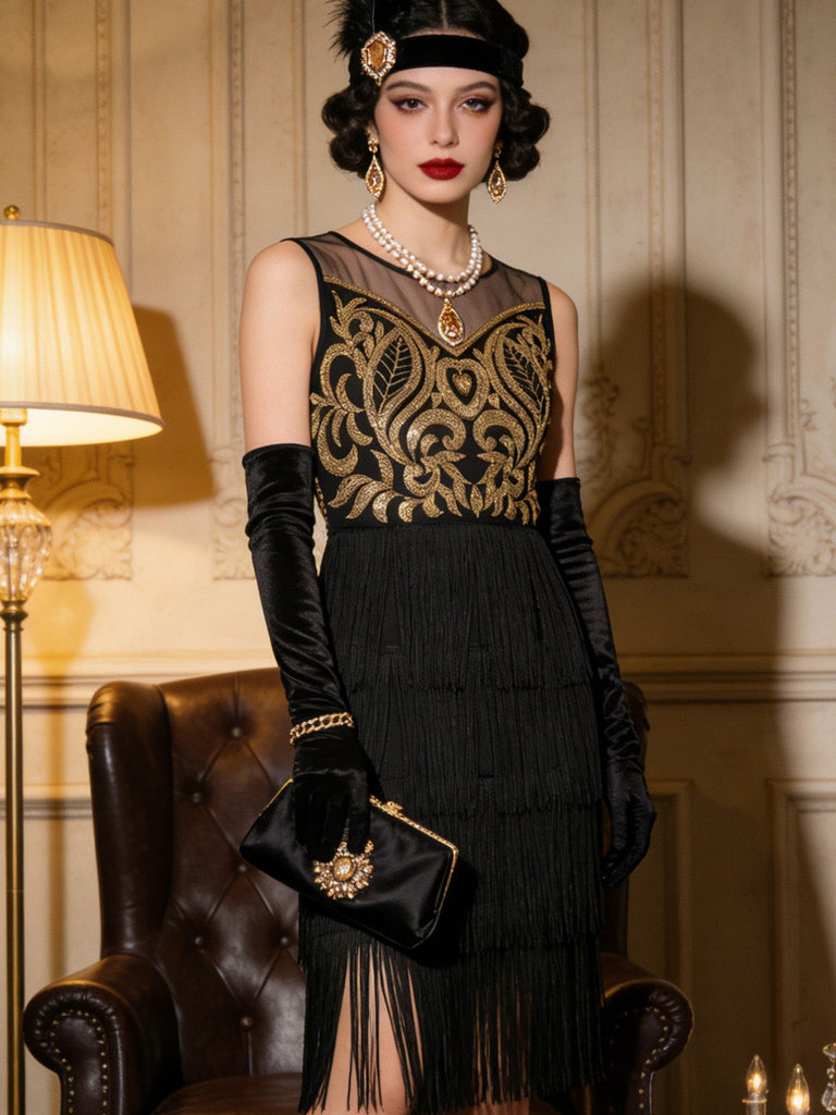 Abito Nero e Oro Anni '20 Perline con Paillettes con Frange Flapper 3