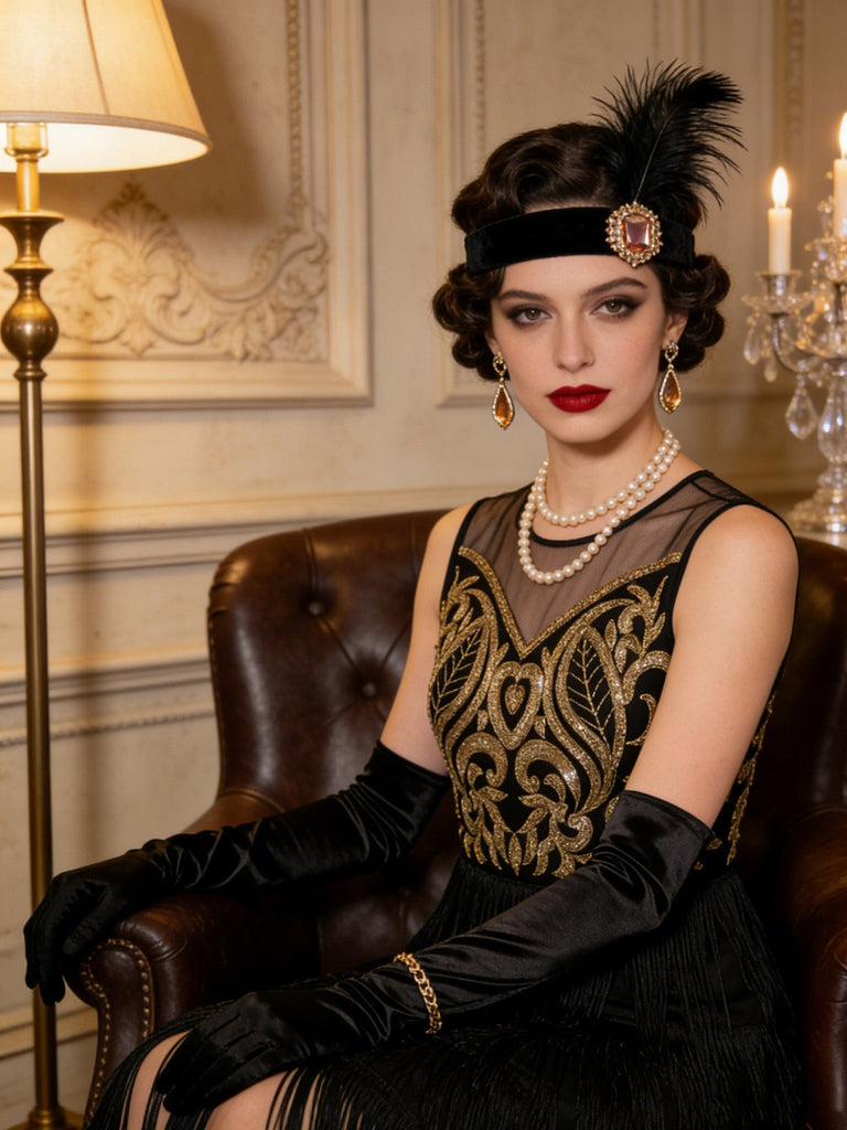 Abito Nero e Oro Anni '20 Perline con Paillettes con Frange Flapper 4