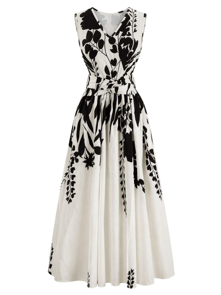 Abito Midi Beige Anni '40 Floreale con Scollo a V Senza Maniche