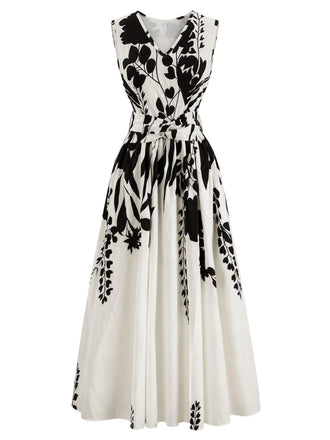 Abito Midi Beige Anni '40 Floreale con Scollo a V Senza Maniche
