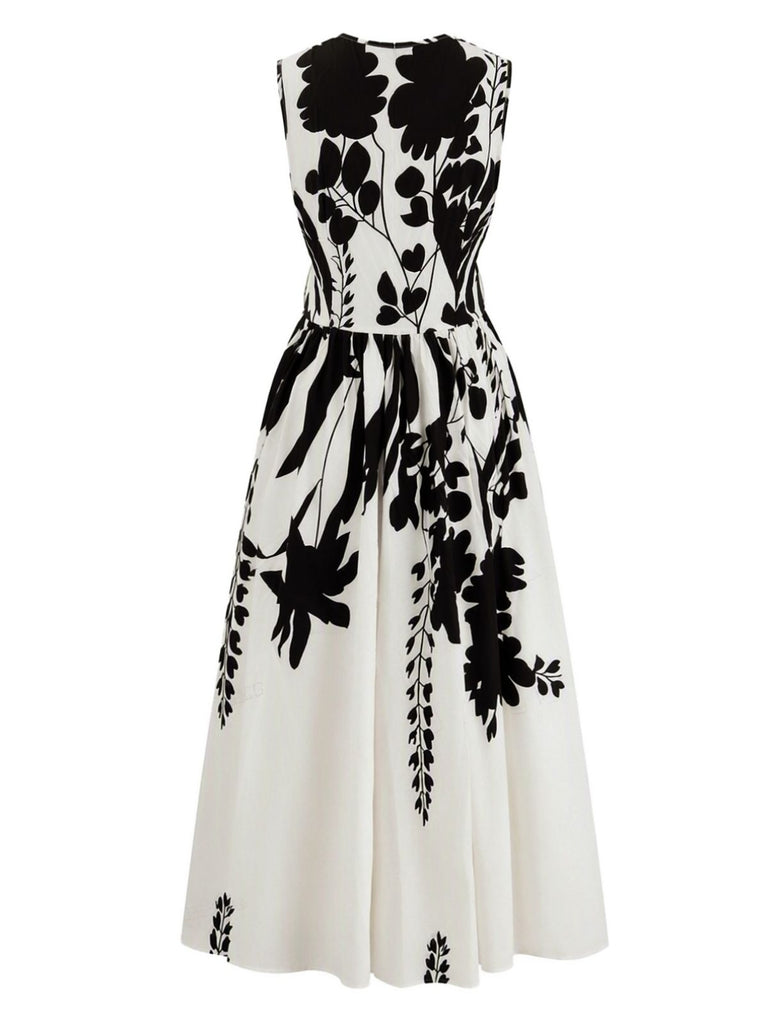 Abito Midi Beige Anni '40 Floreale con Scollo a V Senza Maniche