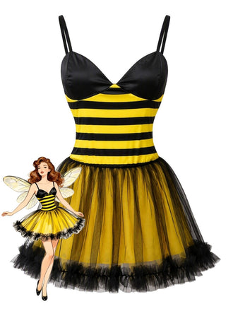 Abito Yellow And Black Anni '50 di Halloween Ape a Righe in Rete Patchwork