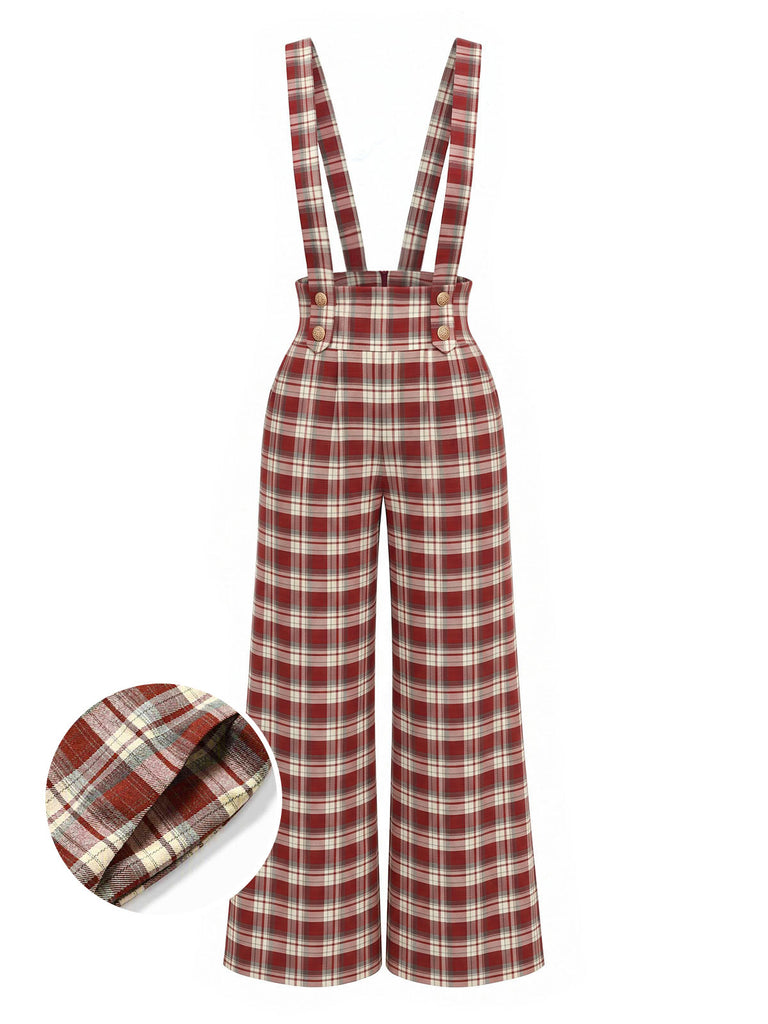 [Prevendita] Completo Rosso a Quadri Anni '70 con Camicetta con Fiocco e Pantaloni a Gamba Larga con Bretelle