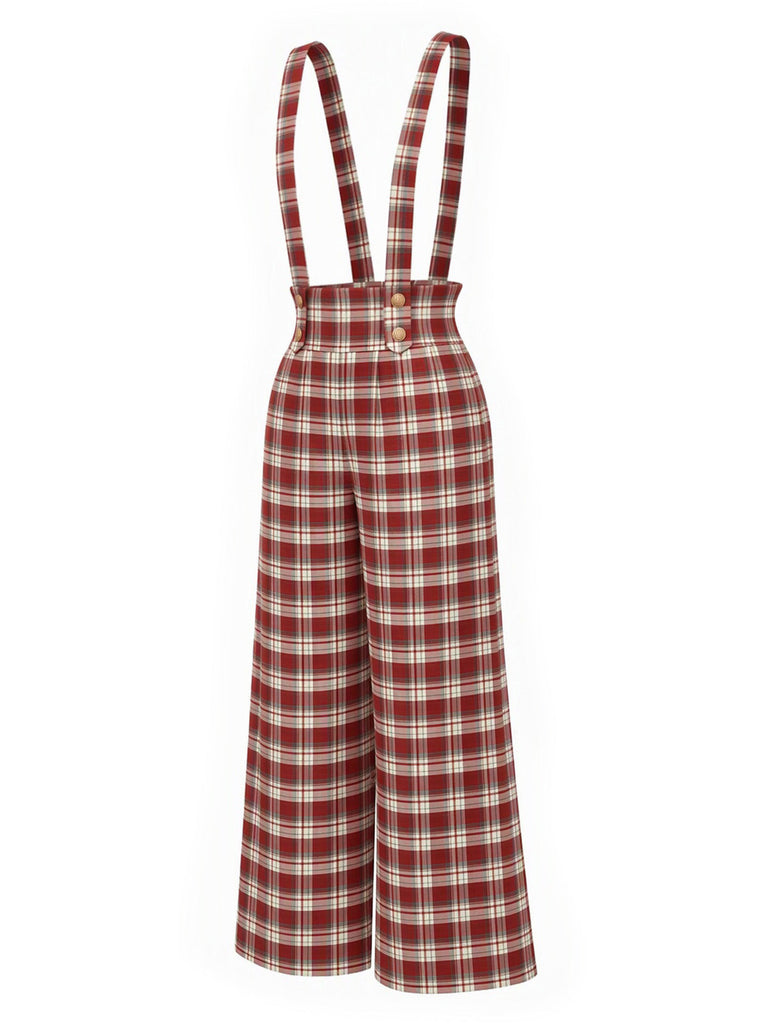 [Prevendita] Completo Rosso a Quadri Anni '70 con Camicetta con Fiocco e Pantaloni a Gamba Larga con Bretelle