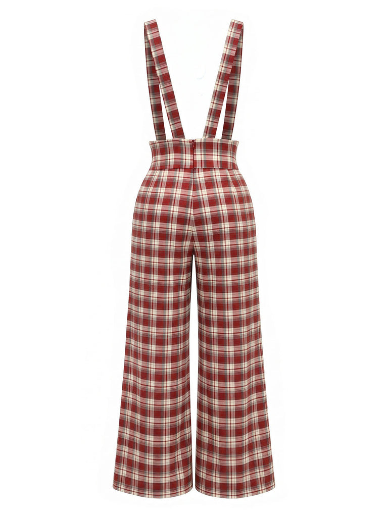 [Prevendita] Completo Rosso a Quadri Anni '70 con Camicetta con Fiocco e Pantaloni a Gamba Larga con Bretelle