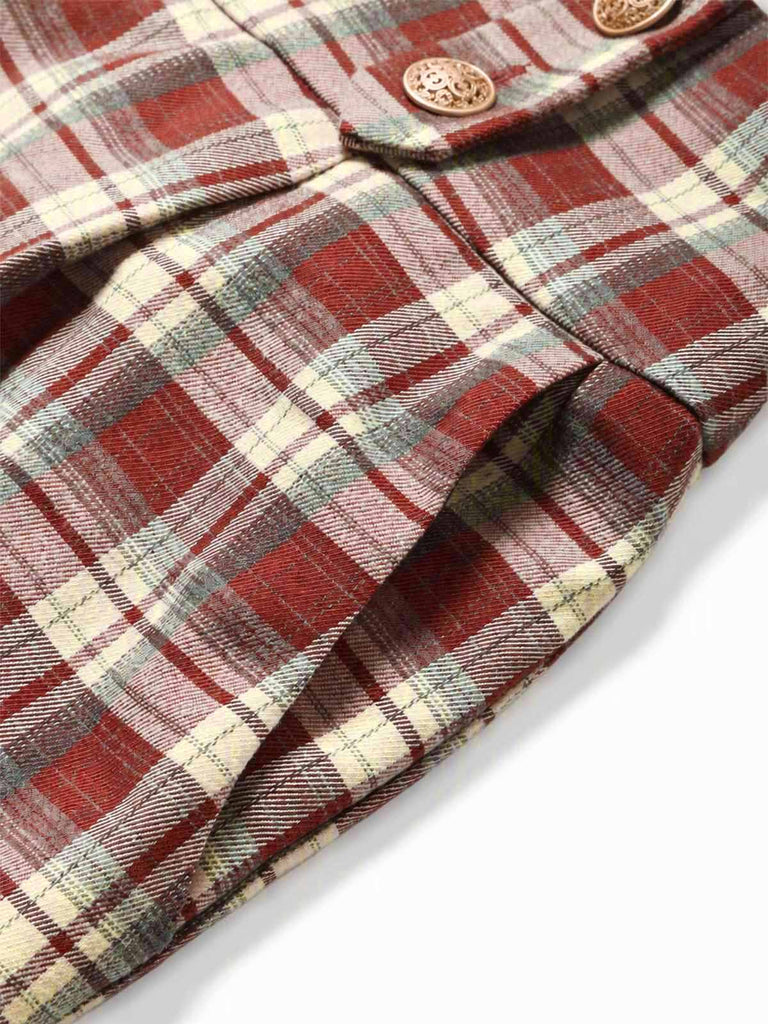 [Prevendita] Completo Rosso a Quadri Anni '70 con Camicetta con Fiocco e Pantaloni a Gamba Larga con Bretelle