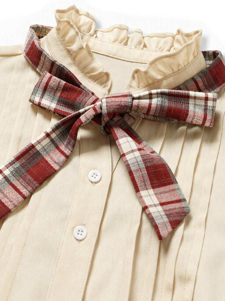 [Prevendita] Camicetta Beige Anni '70 a Quadri con Fiocco Collo a Volant e Maniche a Sbuffo