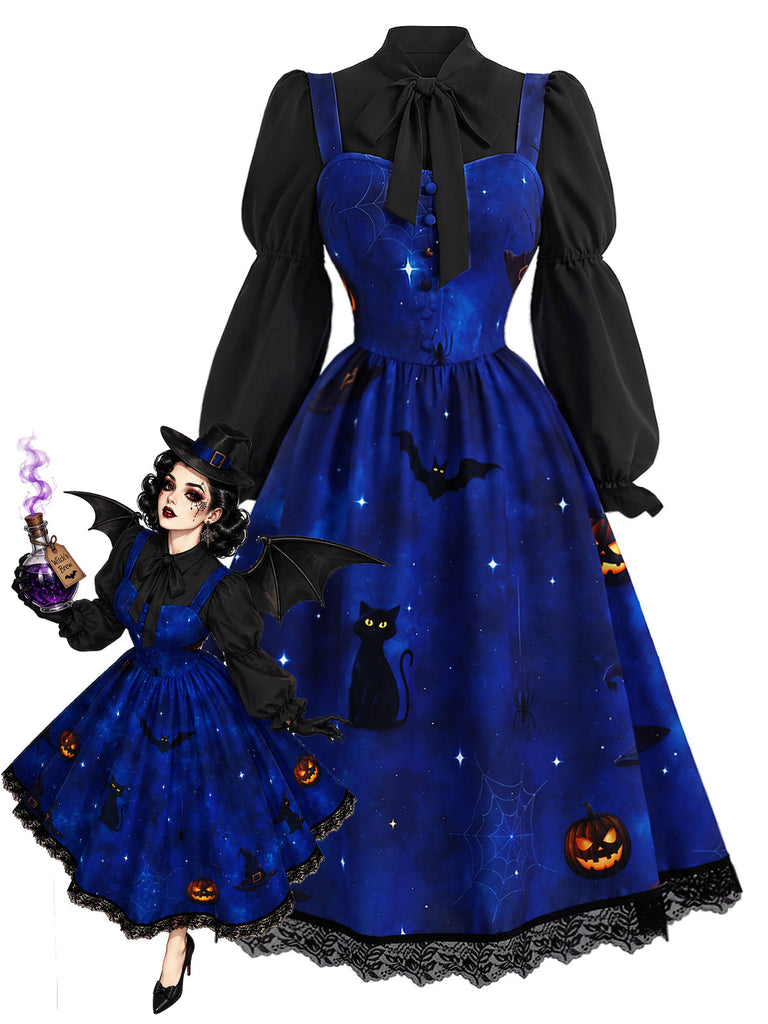 [Prevendita] 2PCS Abito Nero e Blu Anni '40 con Stampa Gatto e Zucca e Camicetta con Maniche Virago