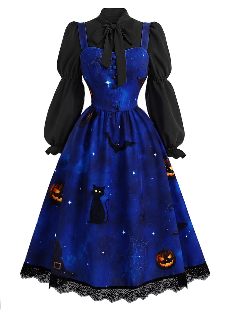 [Prevendita] 2PCS Abito Nero e Blu Anni '40 con Stampa Gatto e Zucca e Camicetta con Maniche Virago 2
