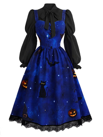 [Prevendita] 2PCS Abito Nero e Blu Anni '40 con Stampa Gatto e Zucca e Camicetta con Maniche Virago 2