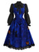 [Prevendita] 2PCS Abito Nero e Blu Anni '40 con Stampa Gatto e Zucca e Camicetta con Maniche Virago 2
