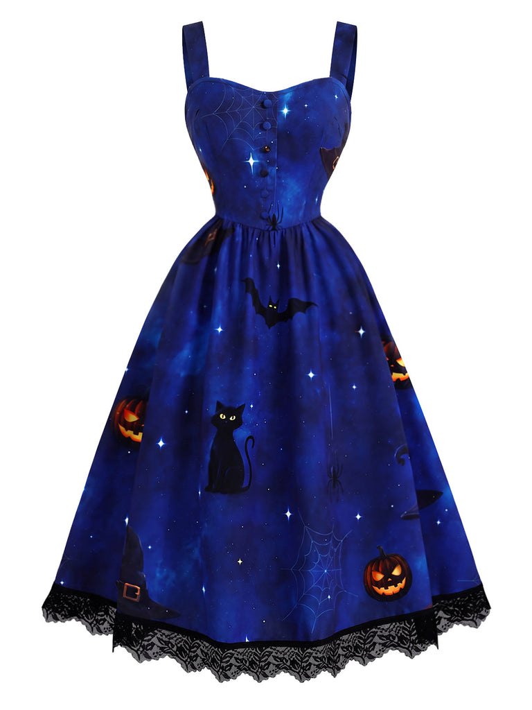 [Prevendita] 2PCS Abito Nero e Blu Anni '40 con Stampa Gatto e Zucca e Camicetta con Maniche Virago 5