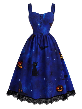 [Prevendita] Abito Salopette Blu Scuro Anni '40 di Halloween con Stampa Gatto e Zucca e Orlo in Pizzo 2