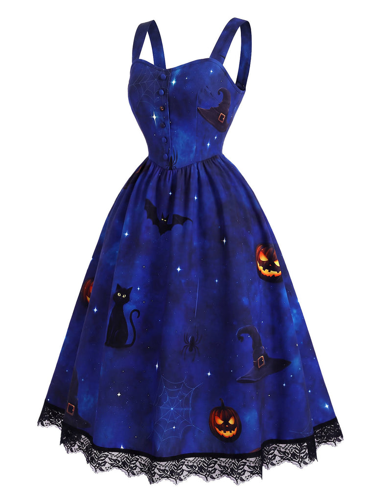 [Prevendita] 2PCS Abito Nero e Blu Anni '40 con Stampa Gatto e Zucca e Camicetta con Maniche Virago 6