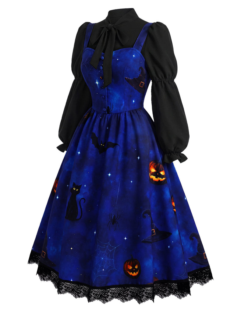 [Prevendita] 2PCS Abito Nero e Blu Anni '40 con Stampa Gatto e Zucca e Camicetta con Maniche Virago 3