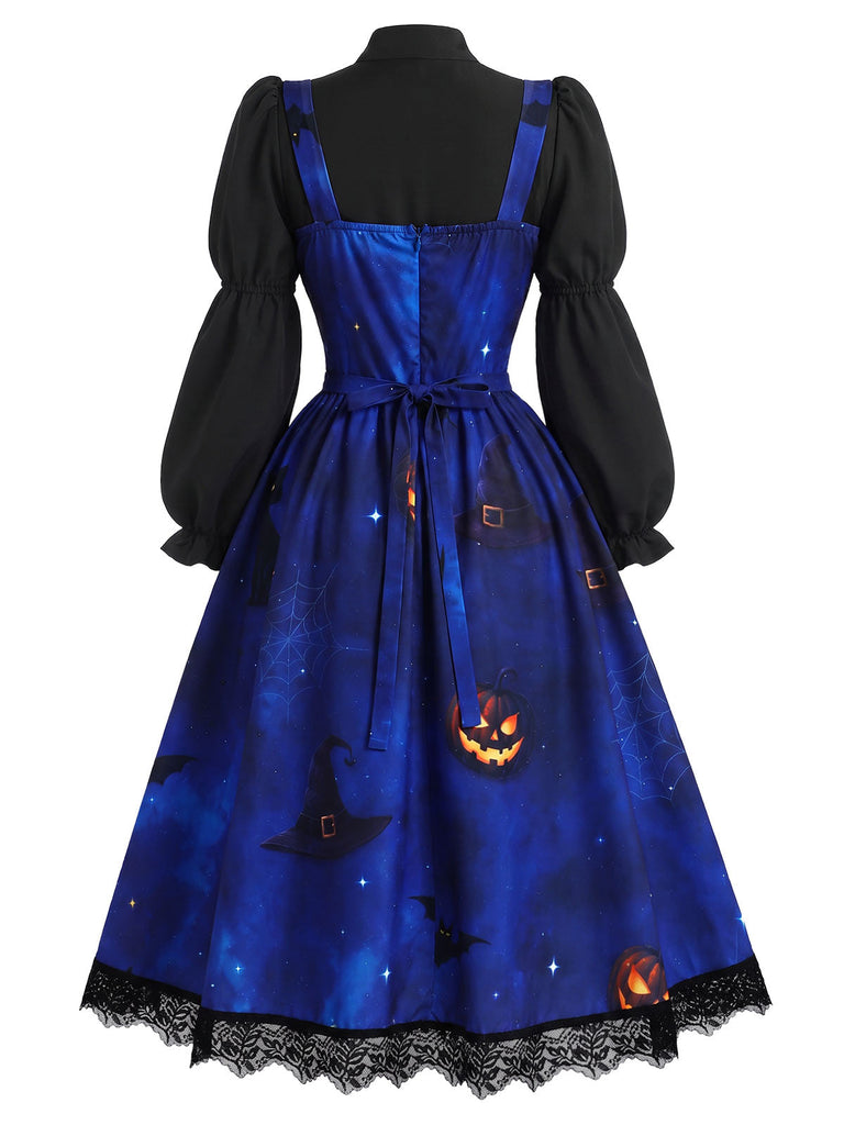 [Prevendita] 2PCS Abito Nero e Blu Anni '40 con Stampa Gatto e Zucca e Camicetta con Maniche Virago 4