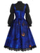 [Prevendita] 2PCS Abito Nero e Blu Anni '40 con Stampa Gatto e Zucca e Camicetta con Maniche Virago 4