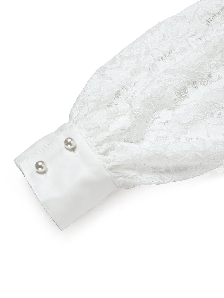 [Prevendita] Abito a Sirena Bianco Anni '30 in Raso con Fiocco Pizzo e Maniche a Sbuffo 5
