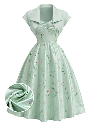 [Prevendita] 2PCS Abito Verde Anni '40 con Scollo a Cuore in Raso Floreale e Bolero