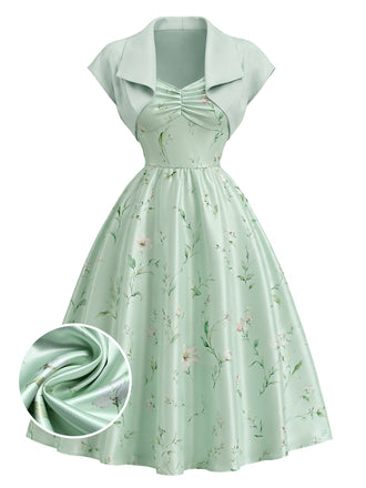 2PCS Abito Verde Anni '40 in Raso Floreale con Scollo a Cuore e Bolero