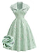 2PCS Abito Verde Anni '40 in Raso Floreale con Scollo a Cuore e Bolero