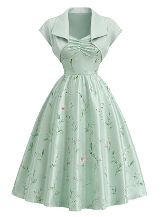 [Prevendita] 2PCS Abito Verde Anni '40 con Scollo a Cuore in Raso Floreale e Bolero 2