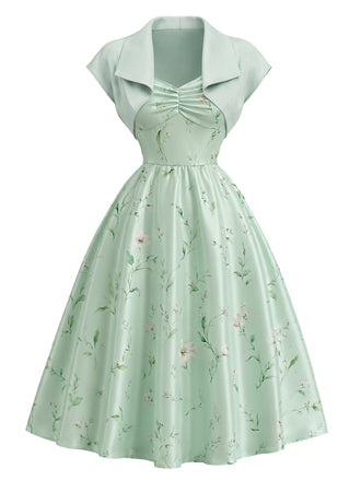 2PCS Abito Verde Anni '40 in Raso Floreale con Scollo a Cuore e Bolero