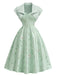 2PCS Abito Verde Anni '40 in Raso Floreale con Scollo a Cuore e Bolero