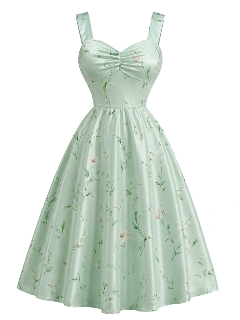 2PCS Abito Verde Anni '40 in Raso Floreale con Scollo a Cuore e Bolero