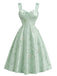 2PCS Abito Verde Anni '40 in Raso Floreale con Scollo a Cuore e Bolero
