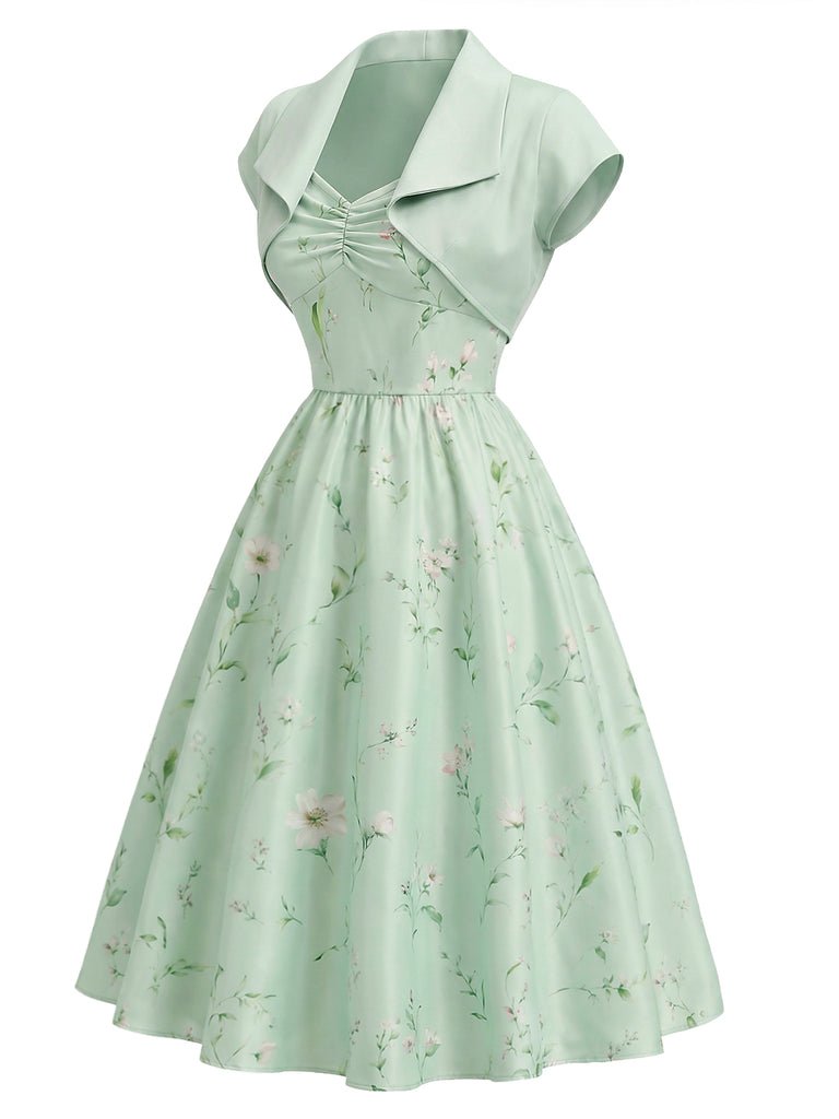 2PCS Abito Verde Anni '40 in Raso Floreale con Scollo a Cuore e Bolero