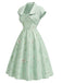 2PCS Abito Verde Anni '40 in Raso Floreale con Scollo a Cuore e Bolero